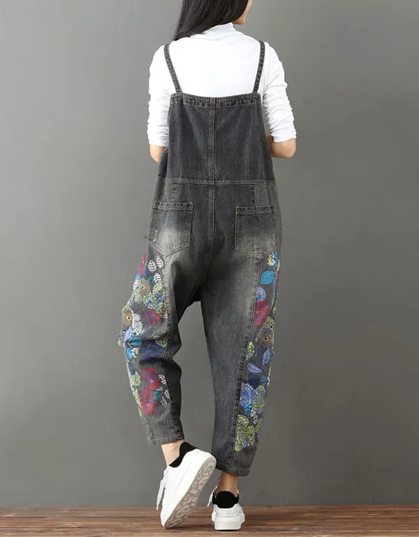 Flower Printed Denim Overalls Loose Retro Jumpsuit