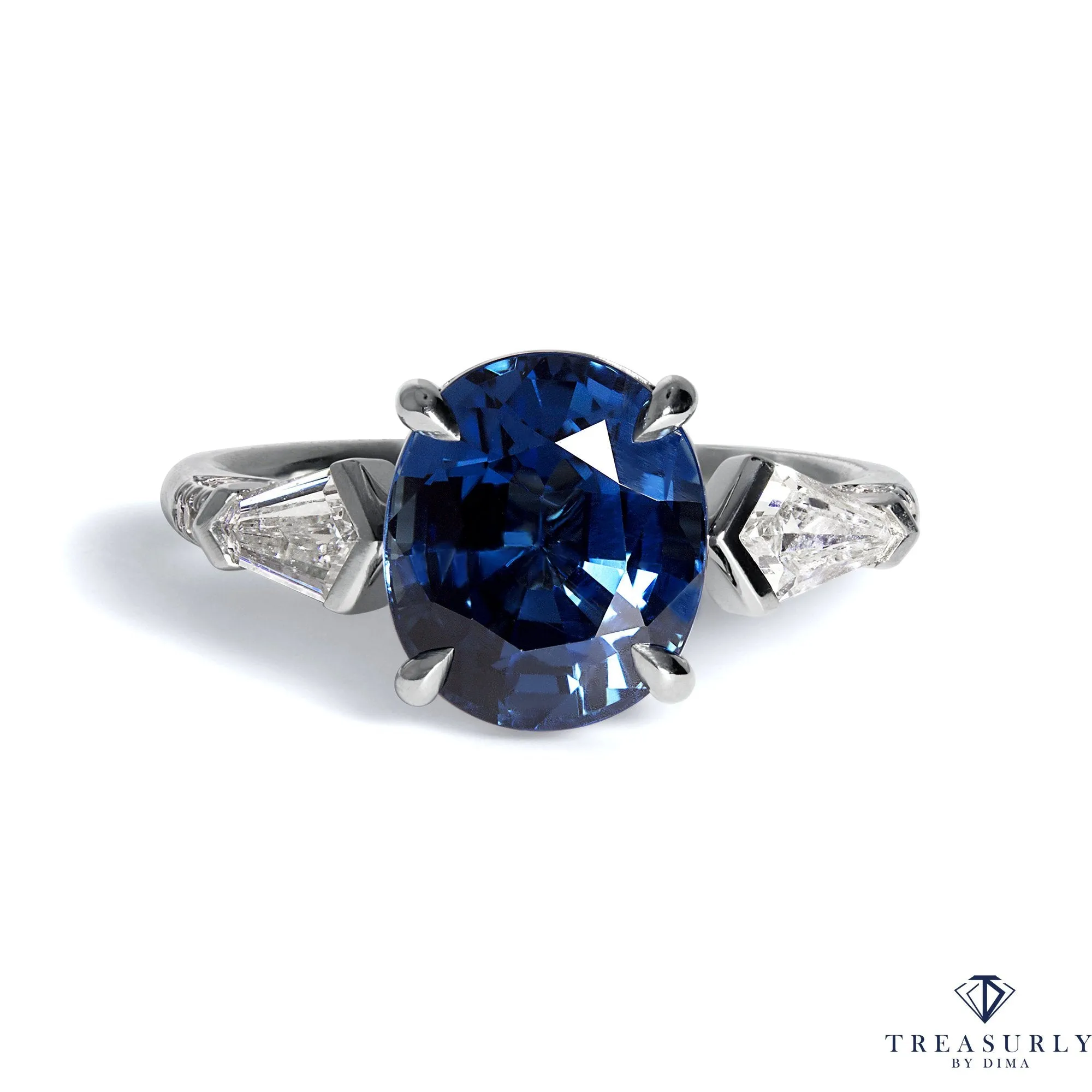 GIA 5.04ctw Natural NO-HEAT Blue Sapphire and Diamond Platinum 3 Stone Ring