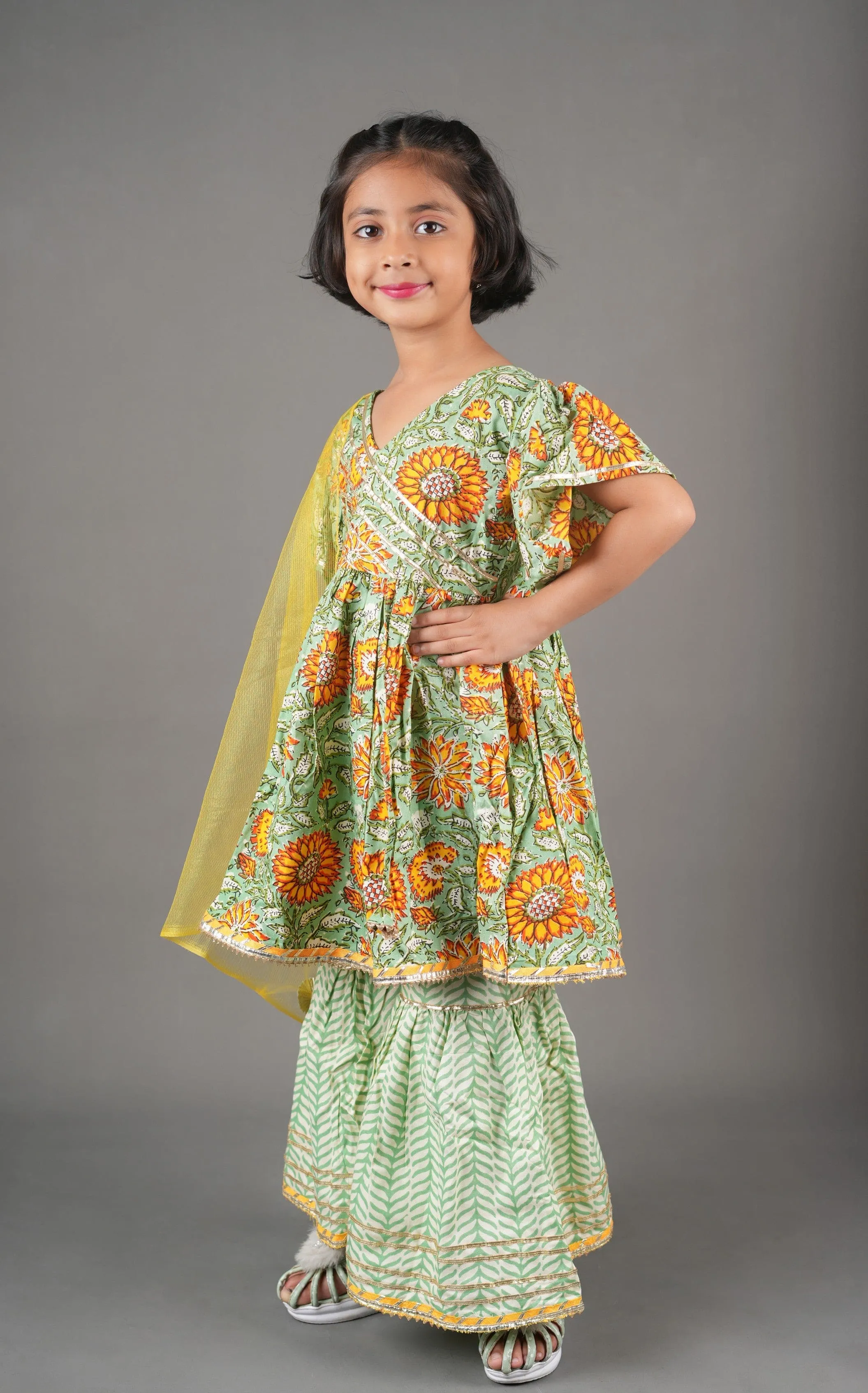 Green Angrakha Gota embellished Kurta with Bell Sleeves, Sharara and Dupatta- Dark Green/Light Green