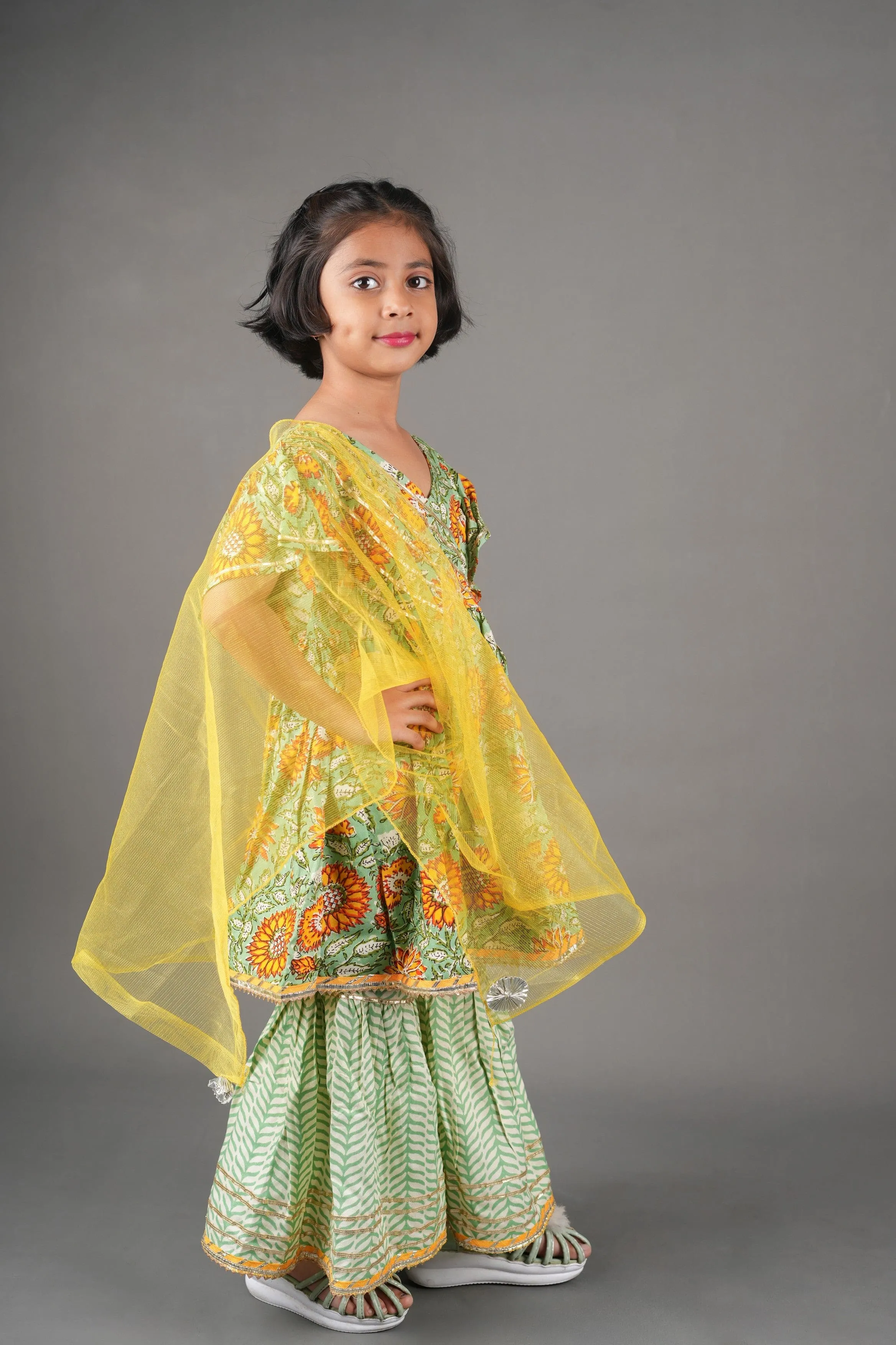 Green Angrakha Gota embellished Kurta with Bell Sleeves, Sharara and Dupatta- Dark Green/Light Green