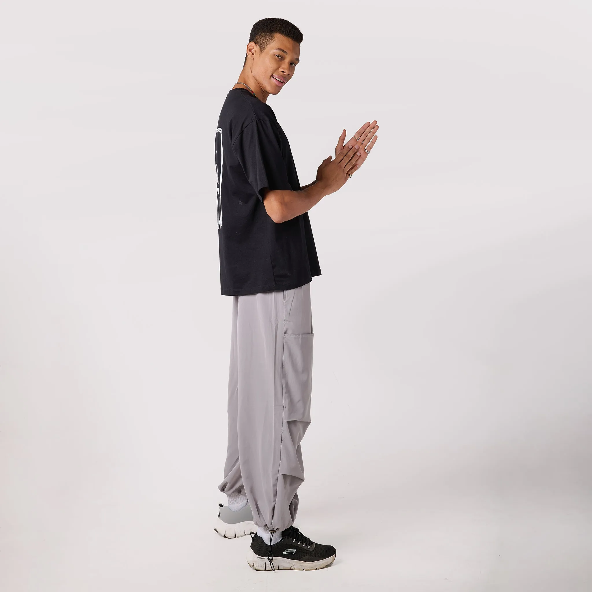 Grey Air Parachute Pants & Black oversized printed Tee Set for Men