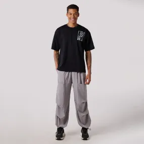 Grey Air Parachute Pants & Black oversized printed Tee Set for Men