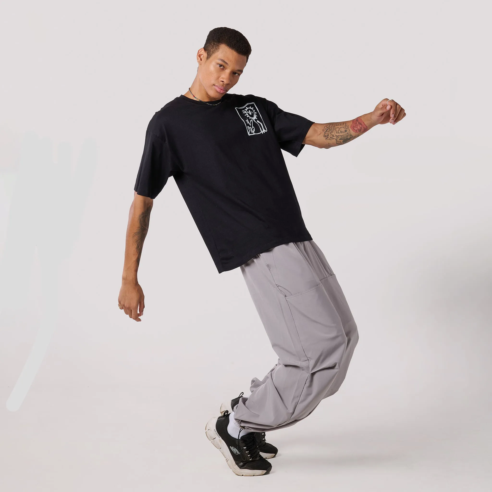 Grey Air Parachute Pants & Black oversized printed Tee Set for Men