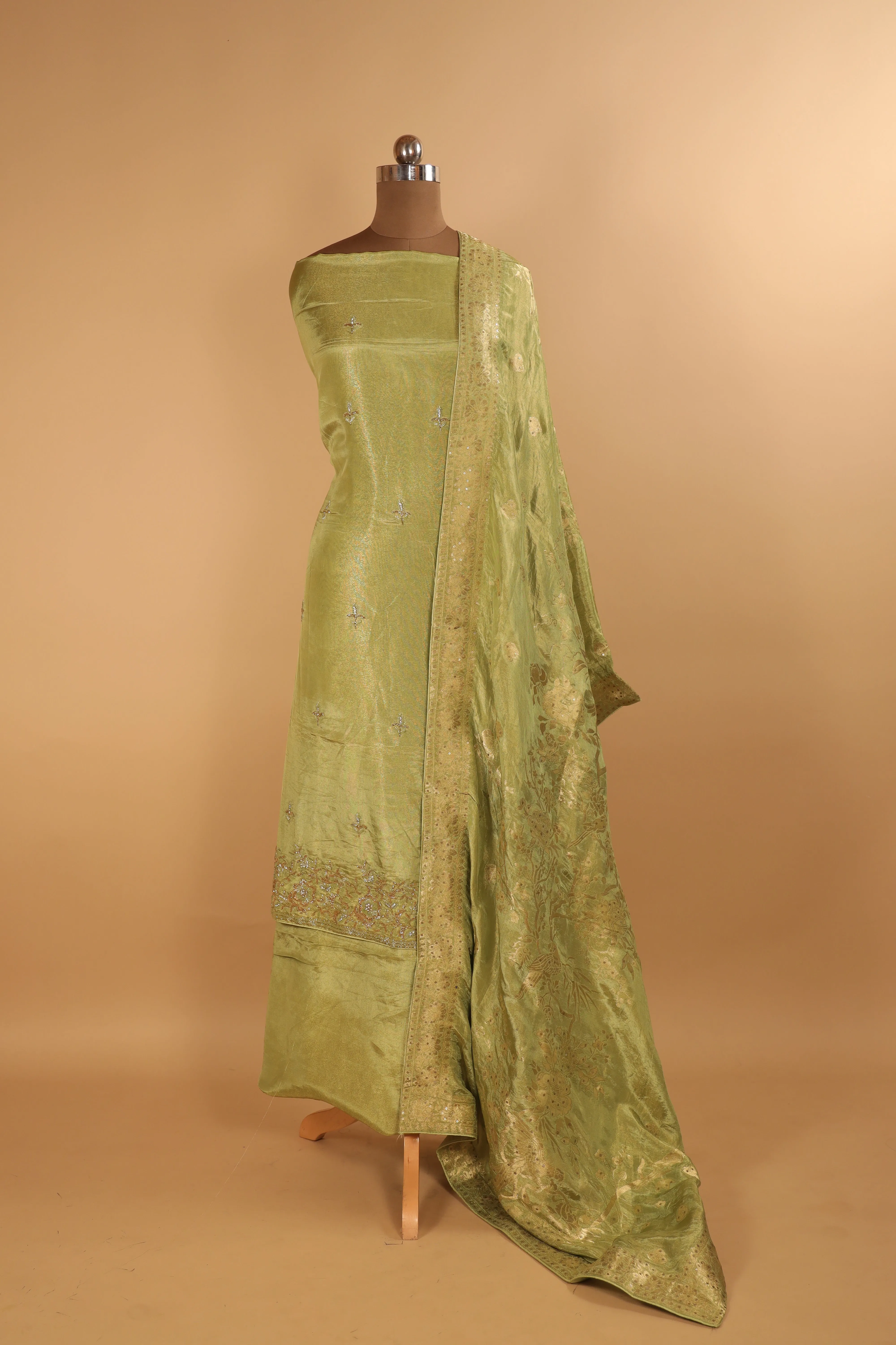 Hand embroidered green tissue georgette suit with banarasi dupatta