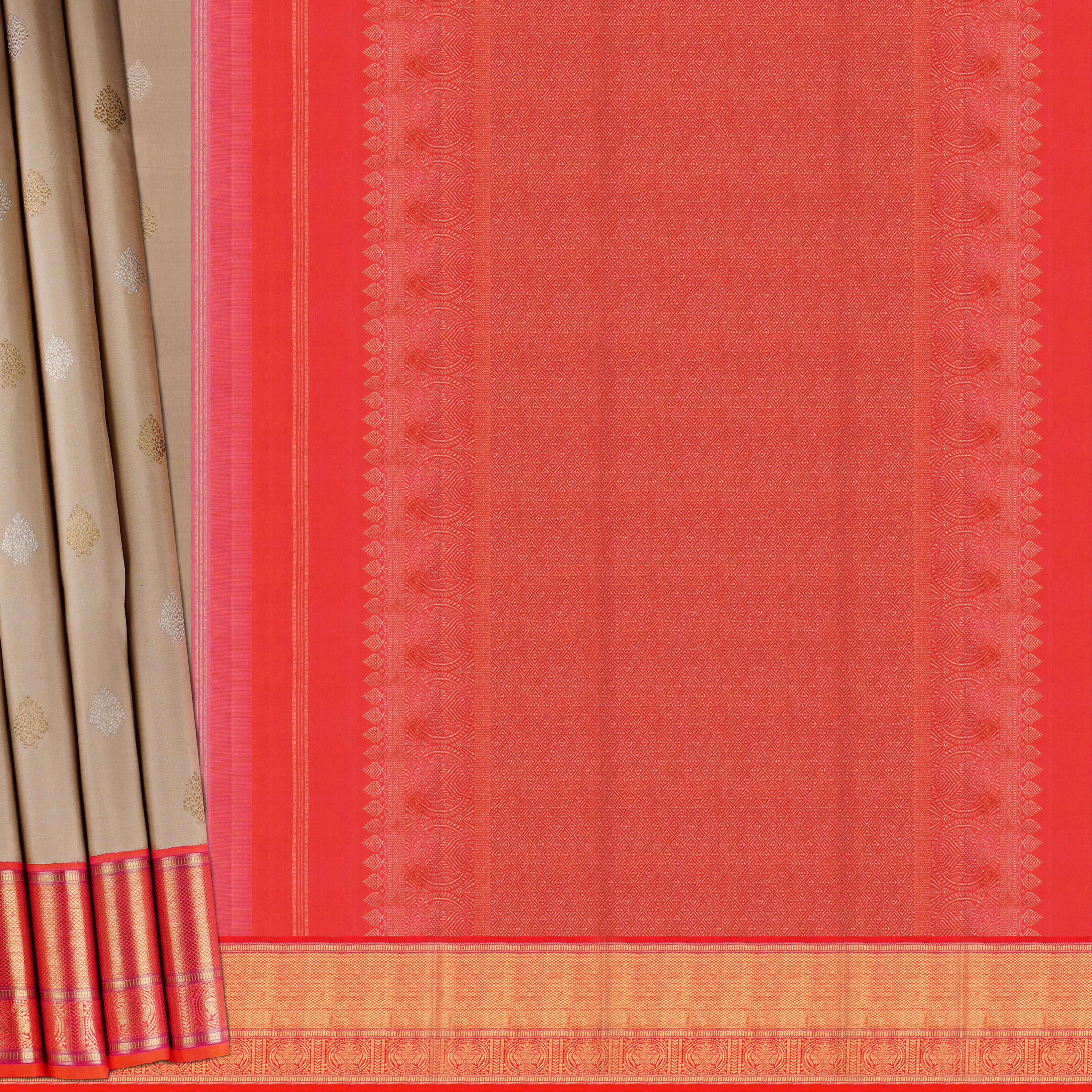 Handwoven Beige with Shot pink and Orange Kanjivaram Silk Saree - 1867T005705DSC