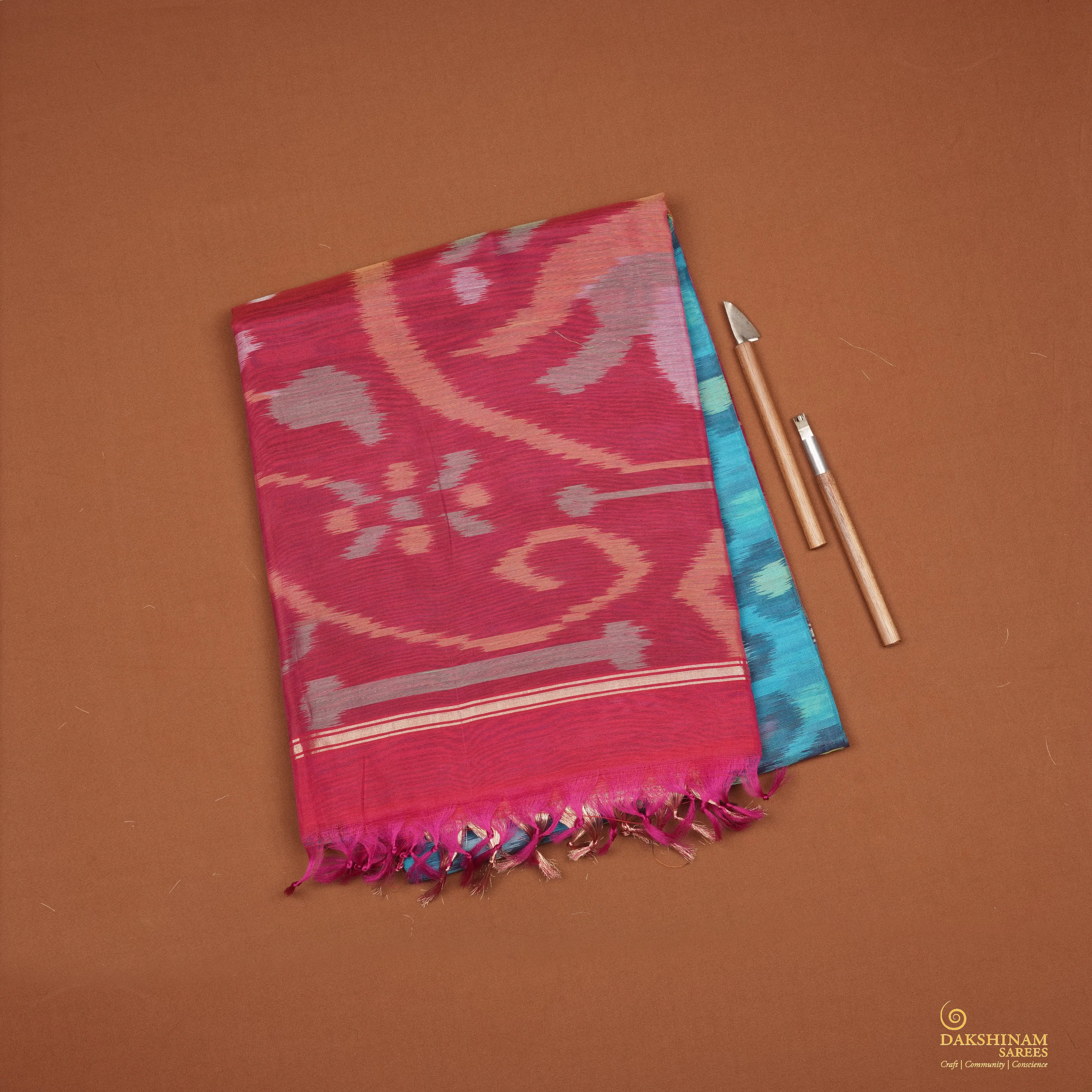 Handwoven Blue with Pink Silk Cotton Saree - 2170T010138DSC