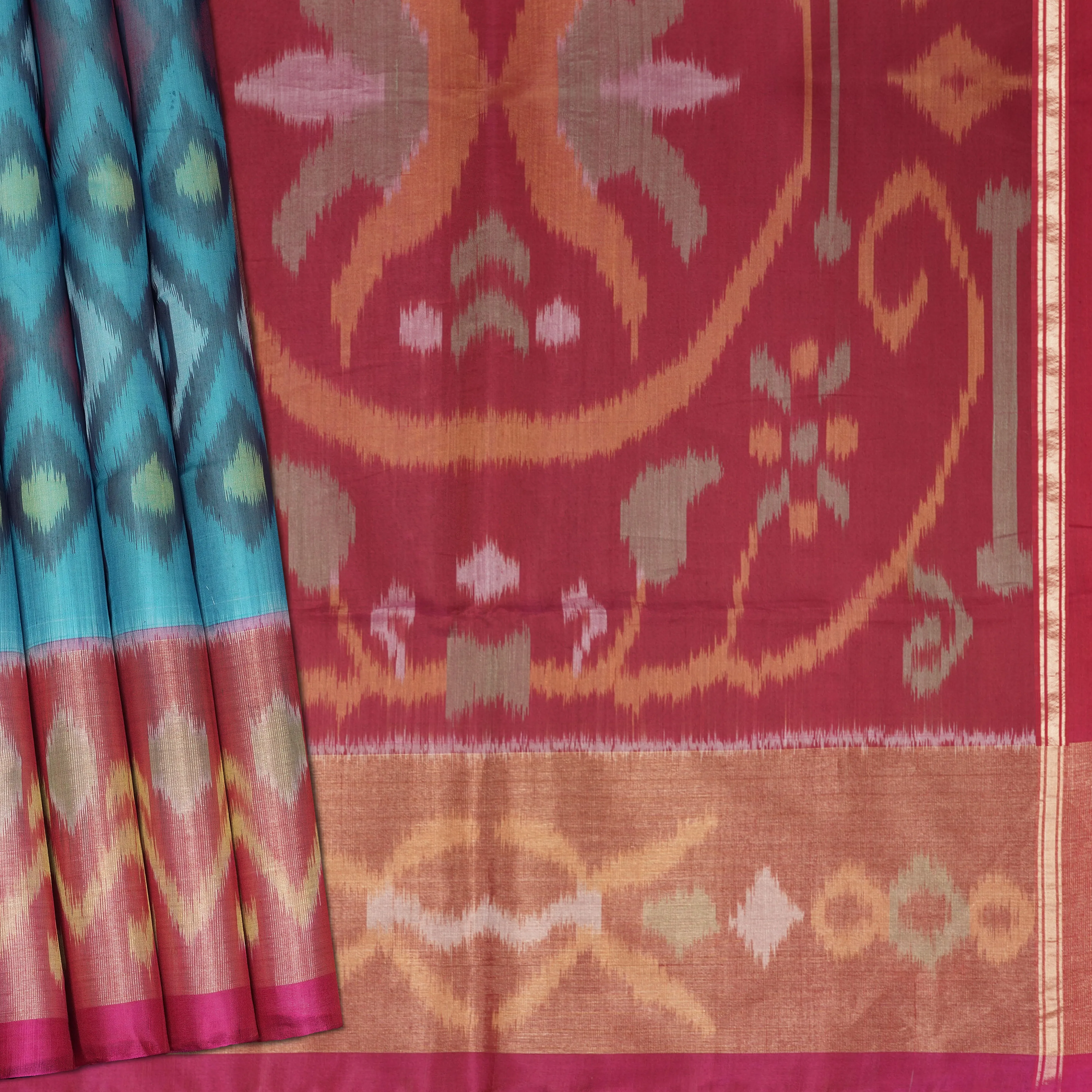 Handwoven Blue with Pink Silk Cotton Saree - 2170T010138DSC