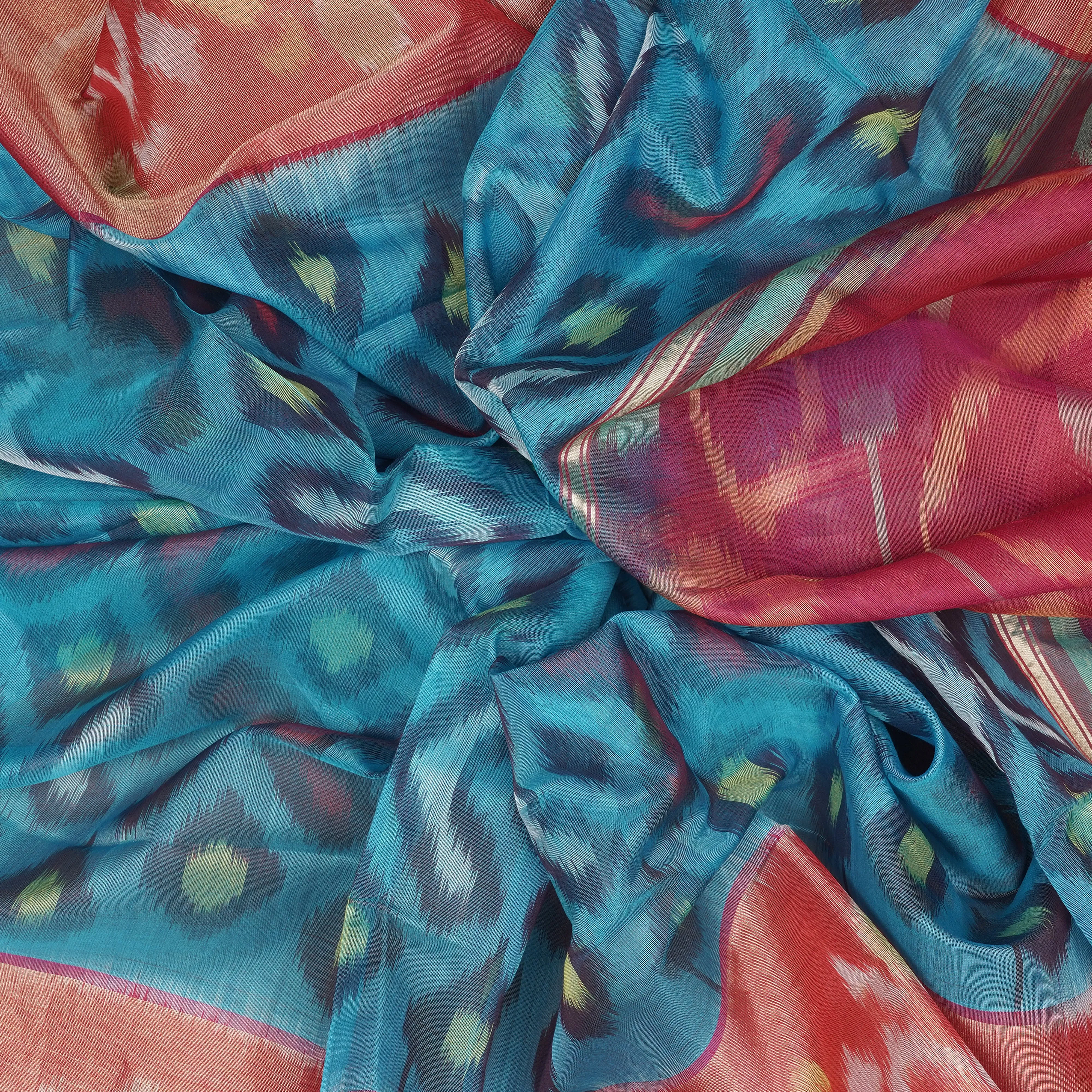 Handwoven Blue with Pink Silk Cotton Saree - 2170T010138DSC