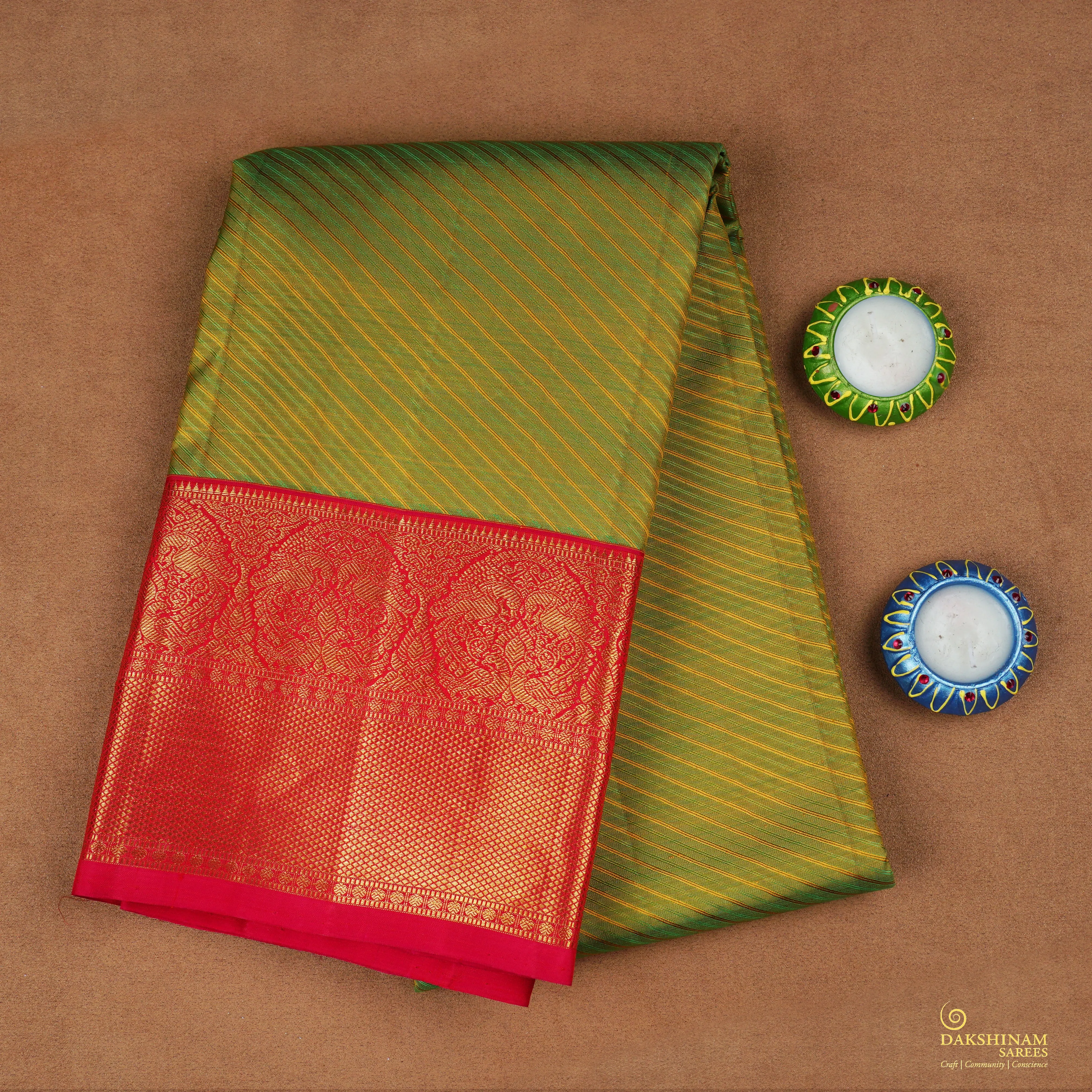 Handwoven Green with Red Kanjivaram Silk Saree - 1970T007475DSC