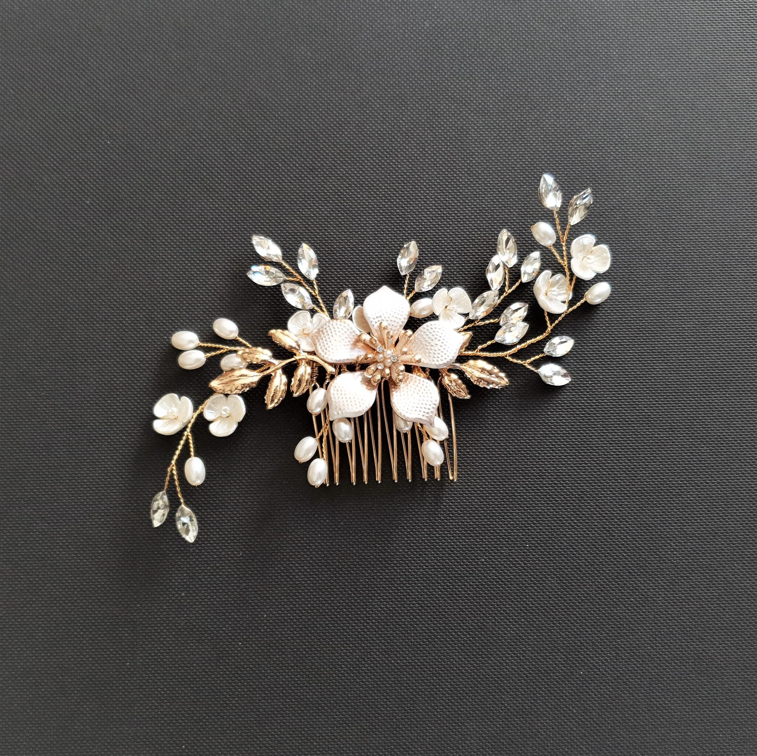 Jeweled Rose Gold Bridal Hair Comb with Pearl & Crystal Leaves-Freya