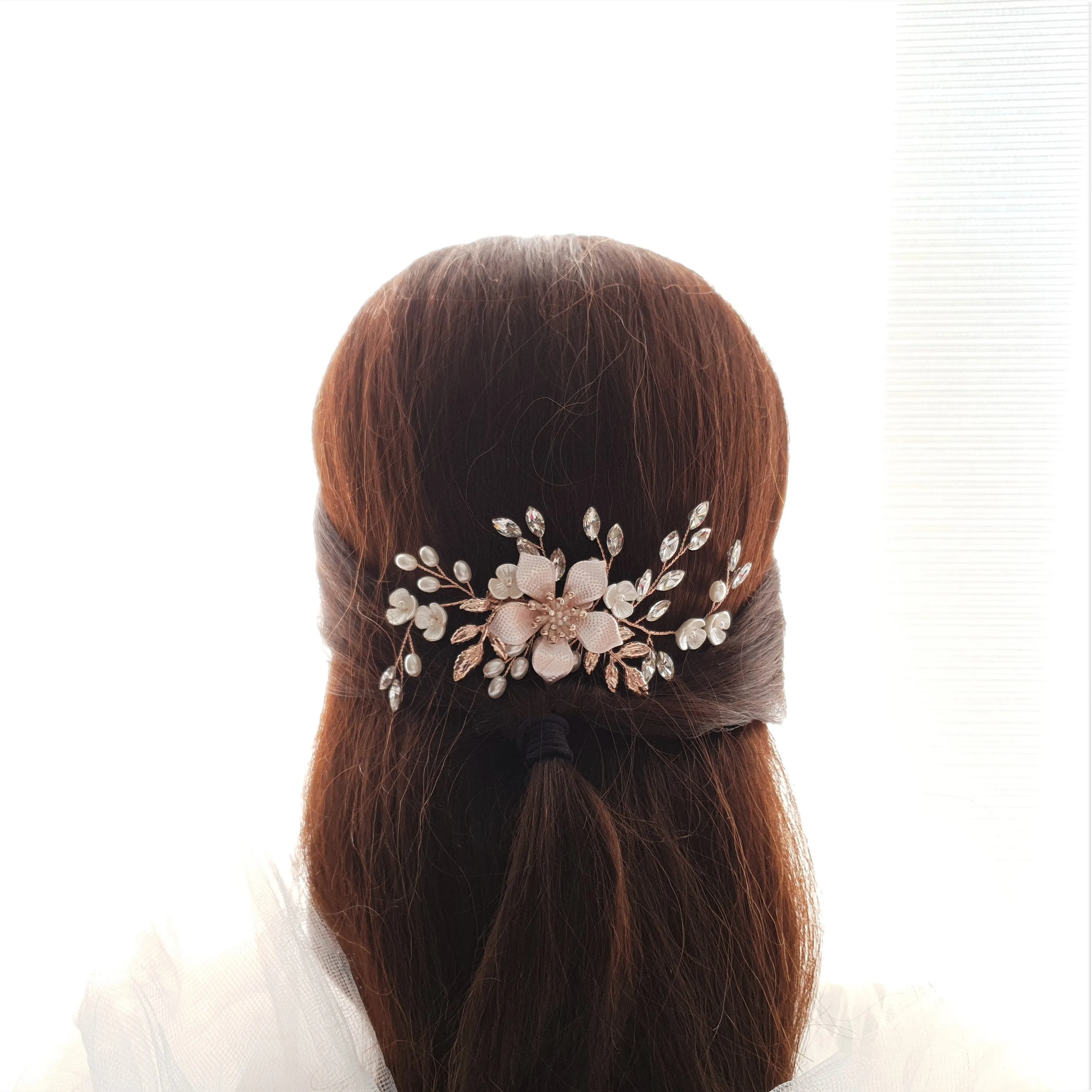 Jeweled Rose Gold Bridal Hair Comb with Pearl & Crystal Leaves-Freya