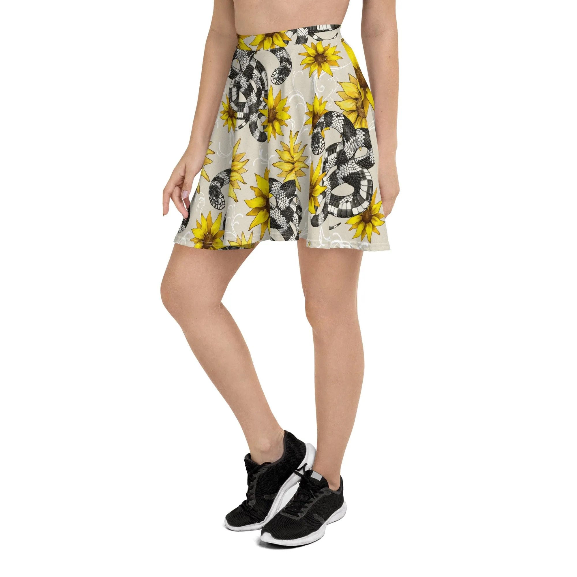 Kingsnake with Sunflowers Skater Skirt, Cute Snake Bottoms