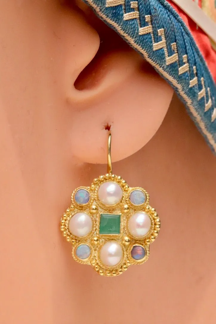 Lady Brighten 14k Gold, Emerals, Pearl and Opal Earrings