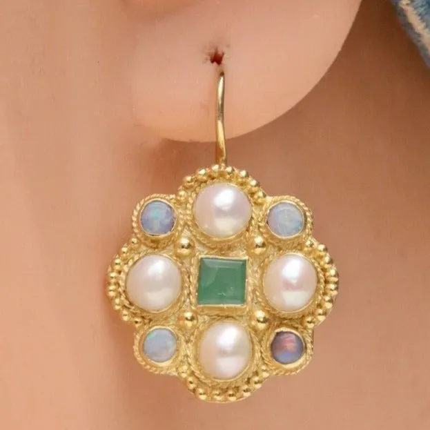 Lady Brighten 14k Gold, Emerals, Pearl and Opal Earrings