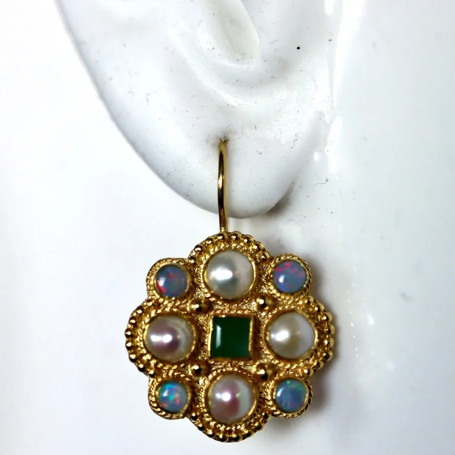 Lady Brighten 14k Gold, Emerals, Pearl and Opal Earrings