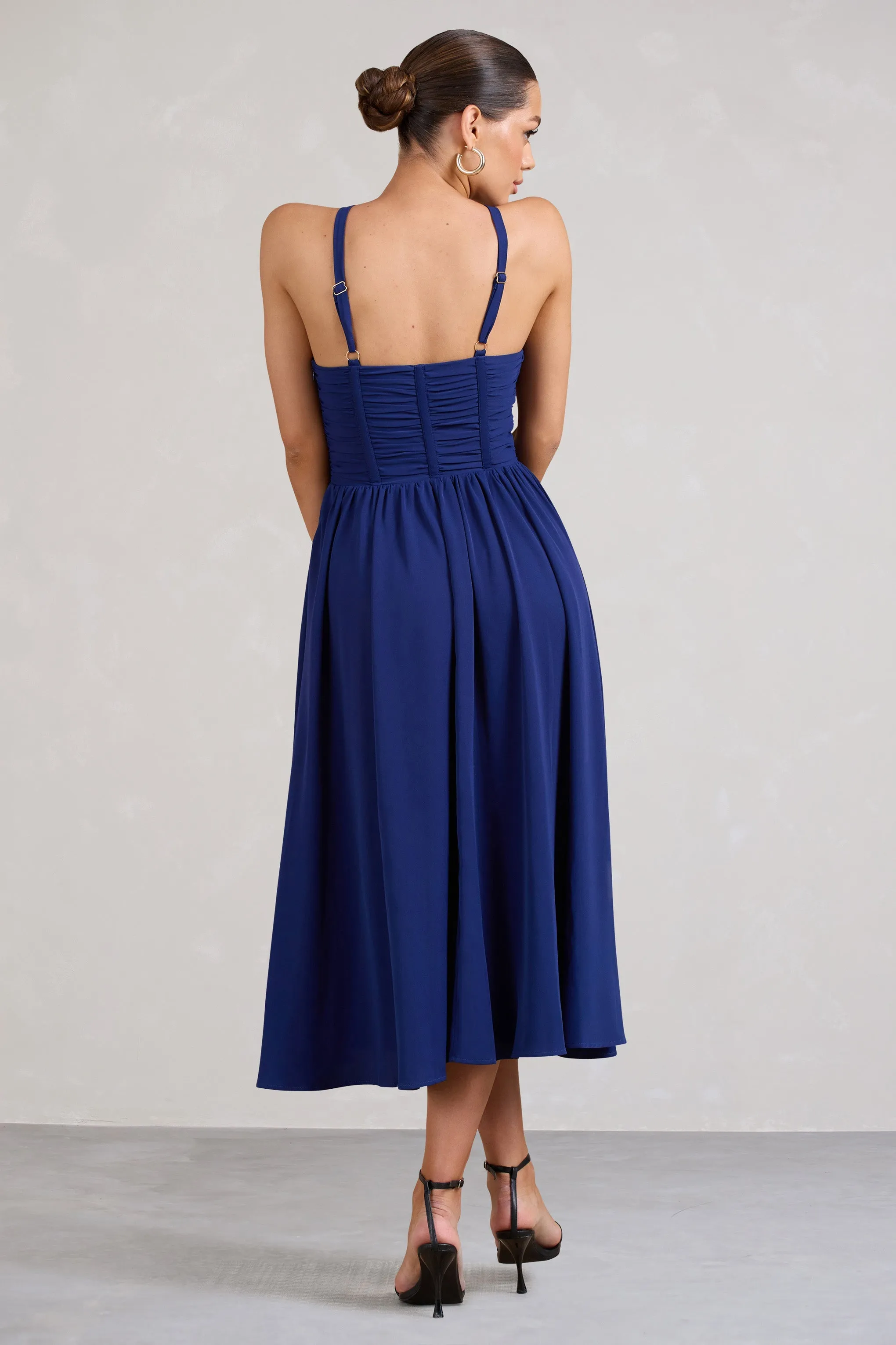 Lady Loren | Navy Ruched Cross-Strap Split Midi Dress