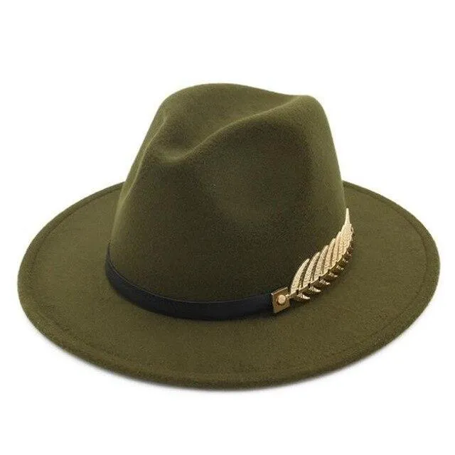 Large Brim Vintage Wool Ladies Golden Leaf Fedora Panama Hat