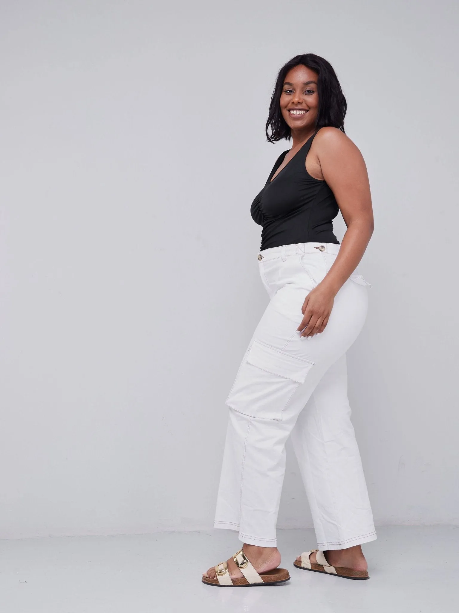 Lola White Wide Leg Flap Pocket Cargo Pants - White