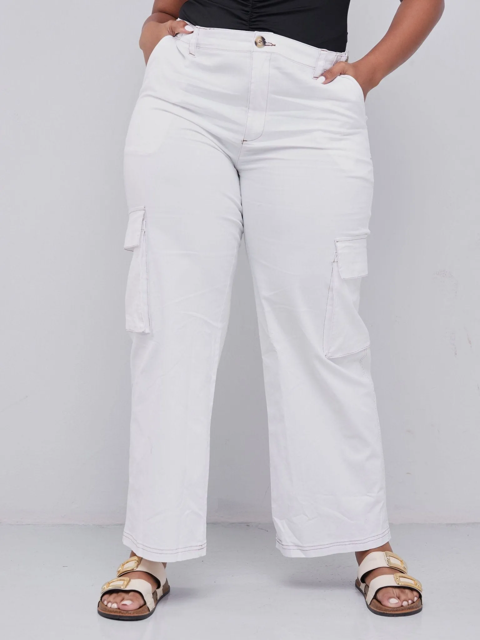 Lola White Wide Leg Flap Pocket Cargo Pants - White