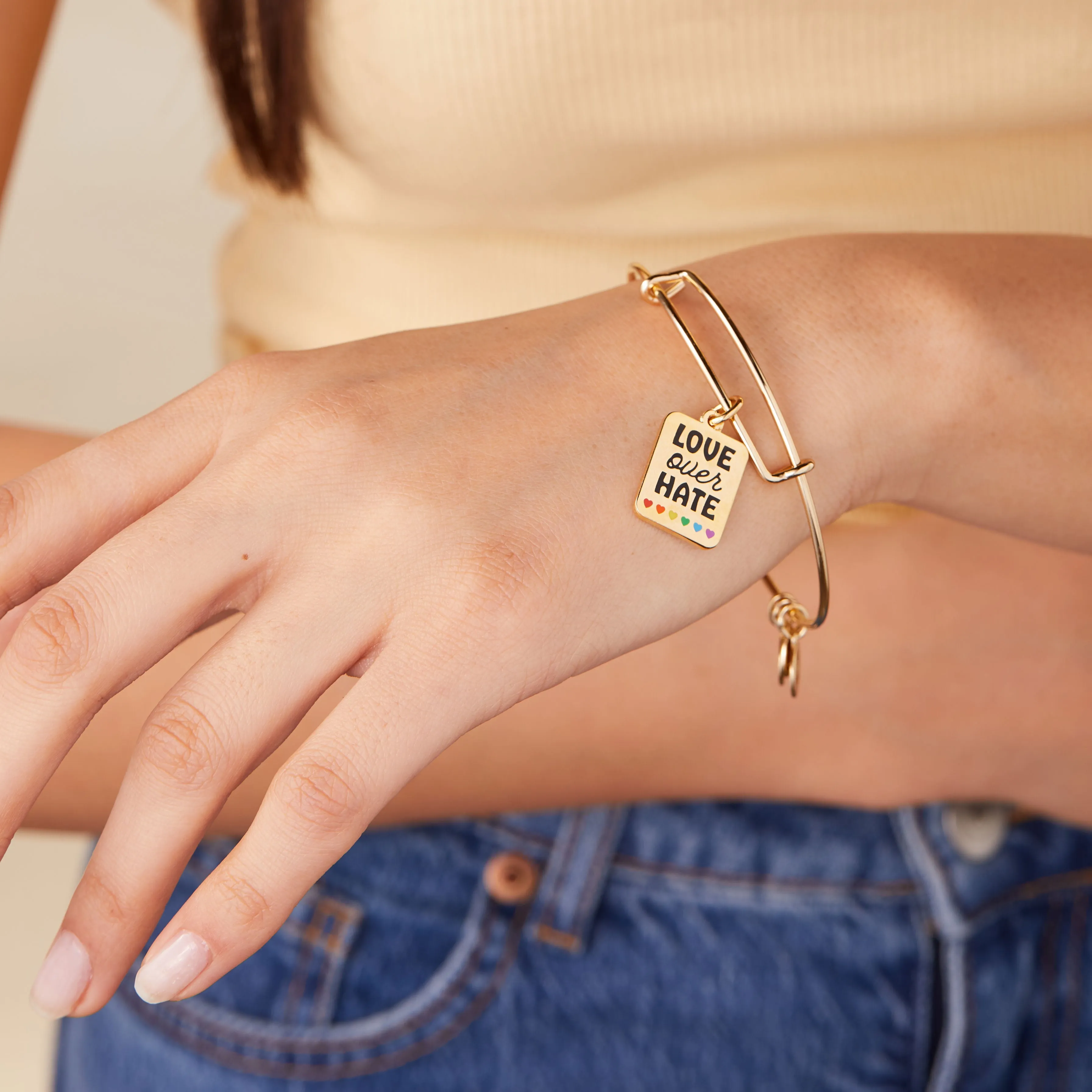 'Love Over Hate' Rainbow Heart Charm Bangle