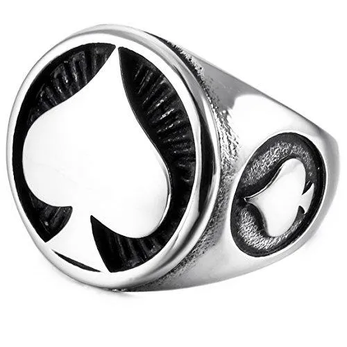 Men's Stainless Steel Ring Silver Tone Black Ace of Spades Poker Card