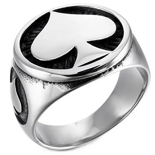 Men's Stainless Steel Ring Silver Tone Black Ace of Spades Poker Card