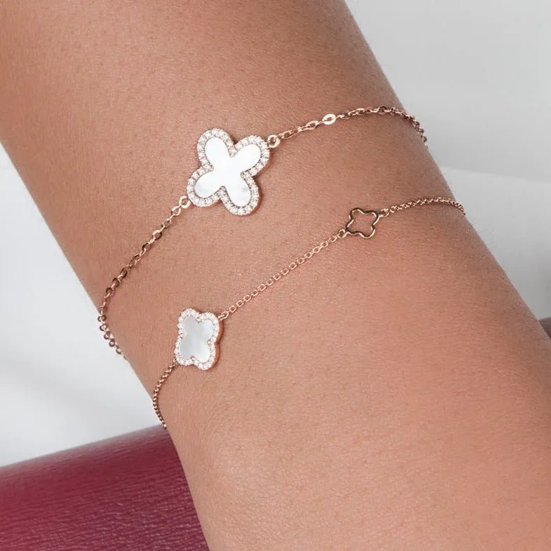 Mother of Pearl and Diamond Halo Clover Station Bracelet