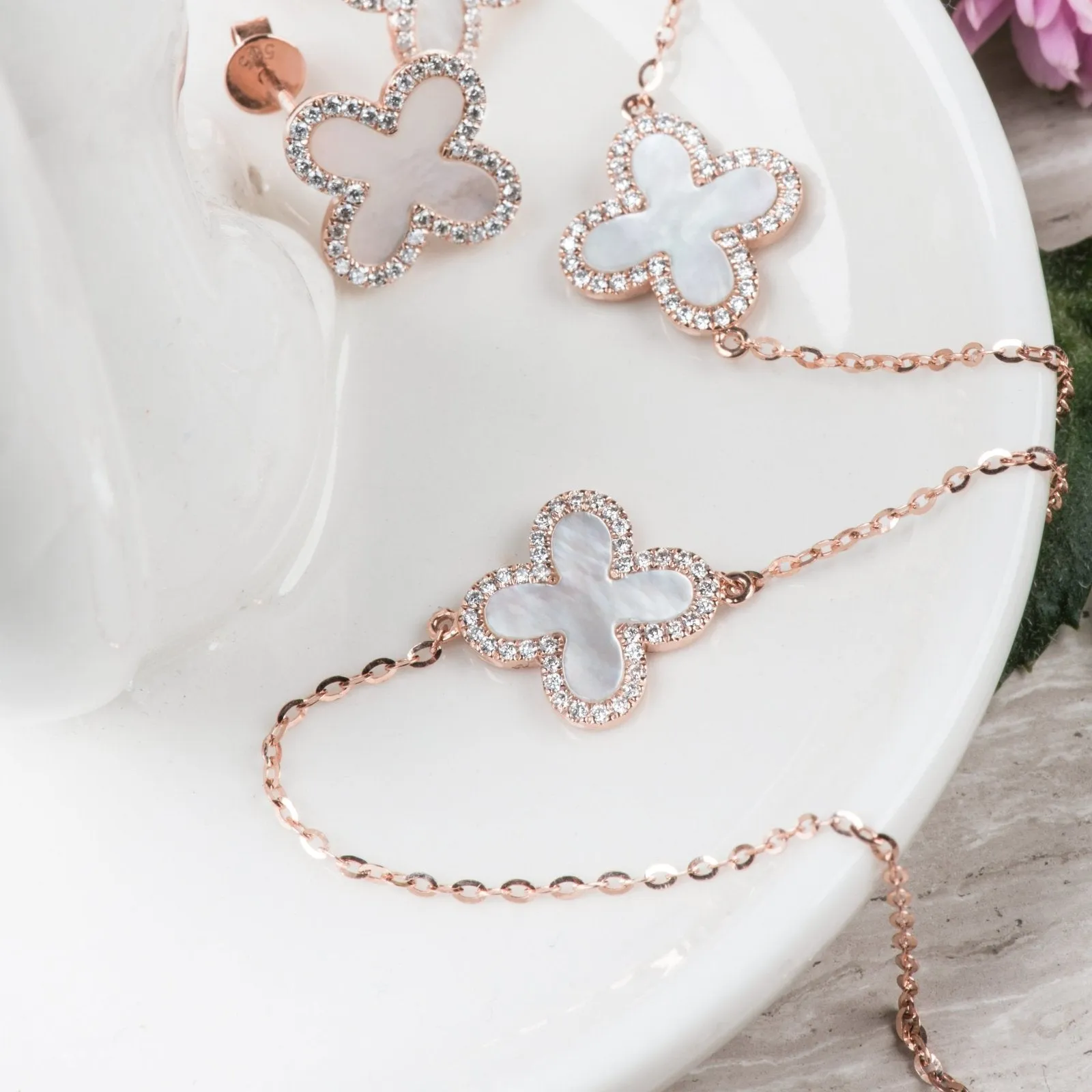 Mother of Pearl and Diamond Halo Clover Station Bracelet