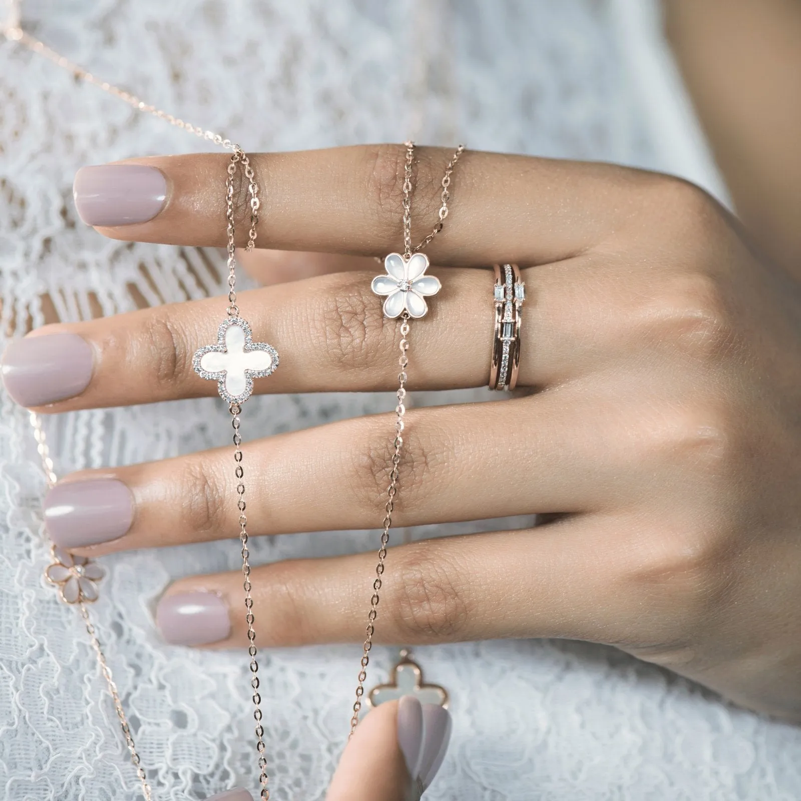 Mother of Pearl and Diamond Halo Clover Station Bracelet