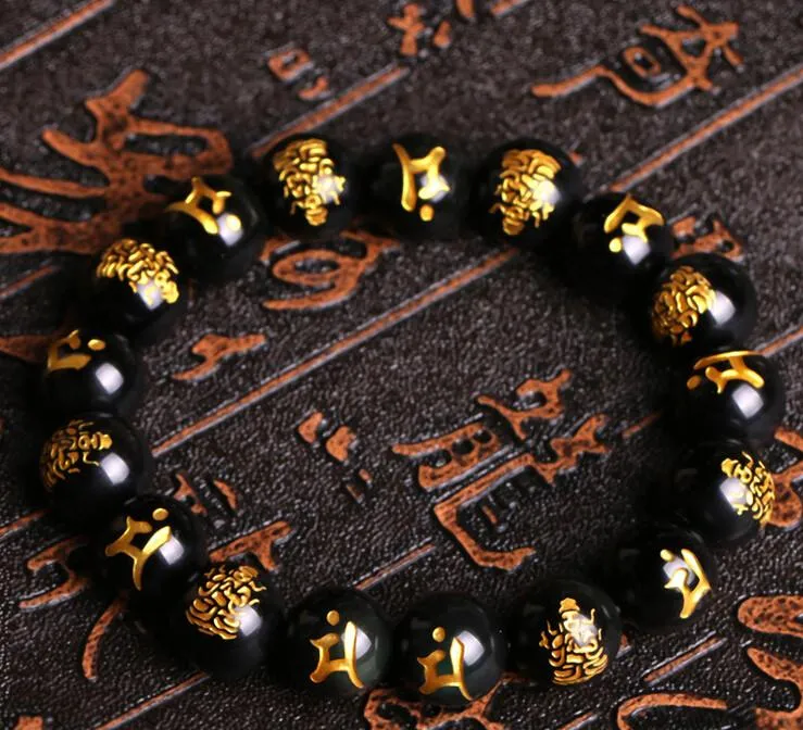 Natural  Black Obsidian Carved Buddha Lucky Bracelet