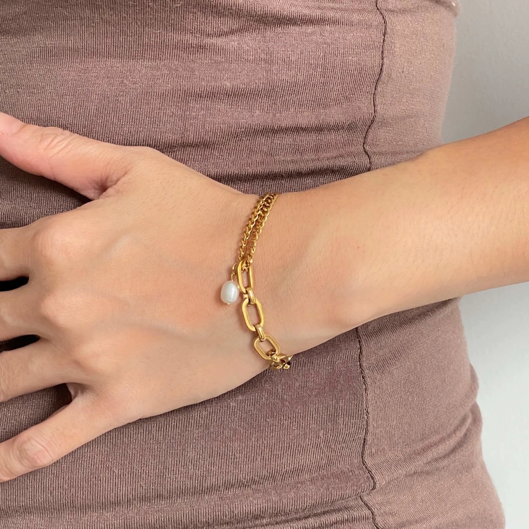 Pearl Mix Flat Oval Chain Bracelet