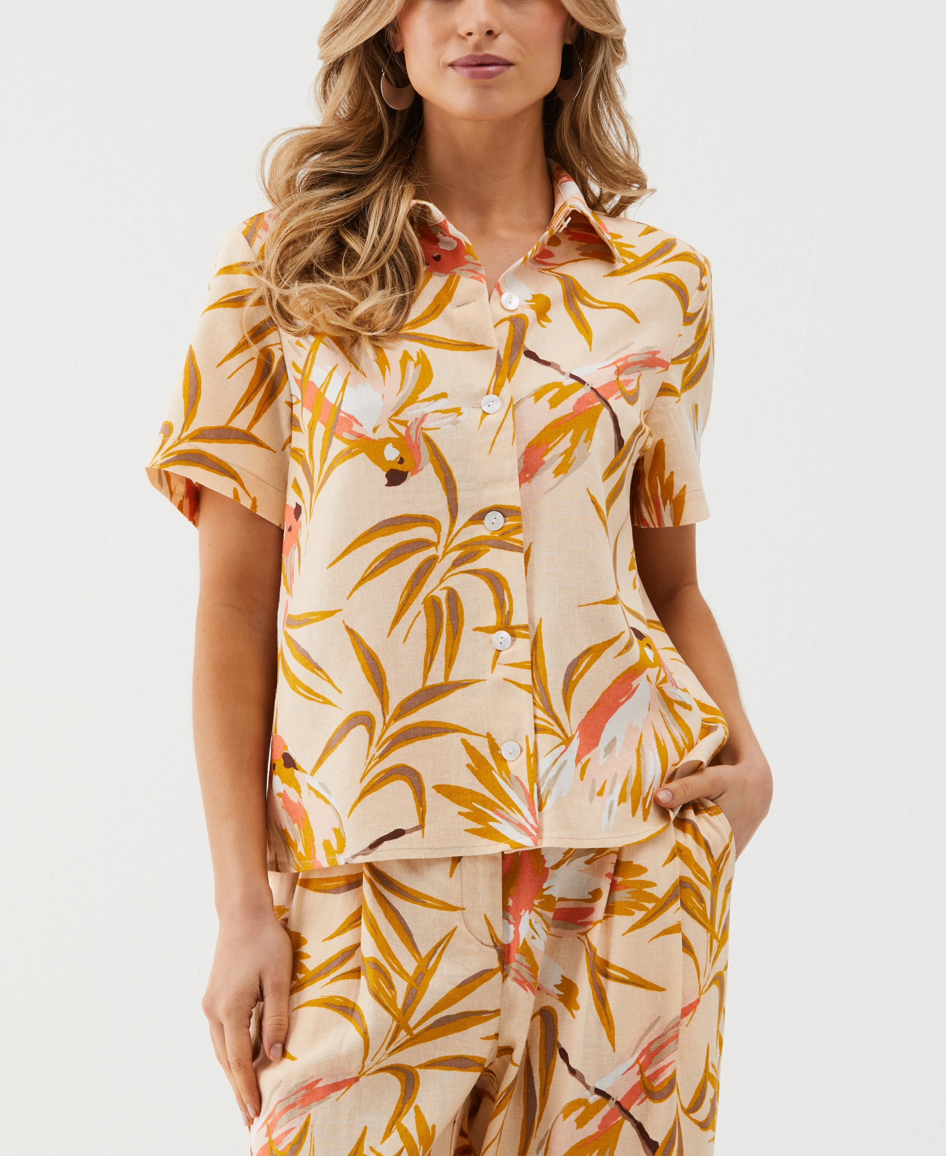 Petite Paradise Print Linen Blend Pleated Back Top