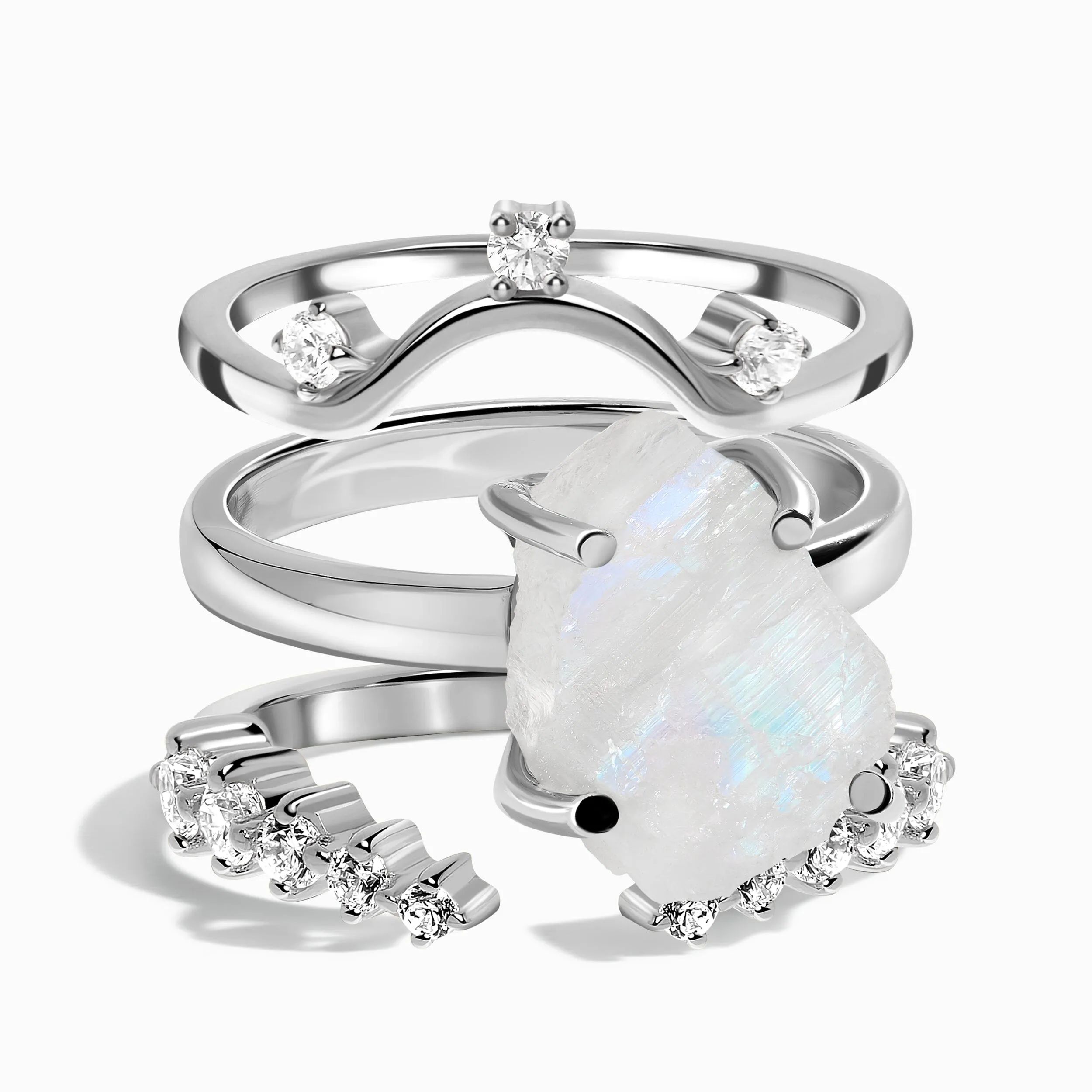 Raw Moonstone Ring & Archer Band & Cascade Band