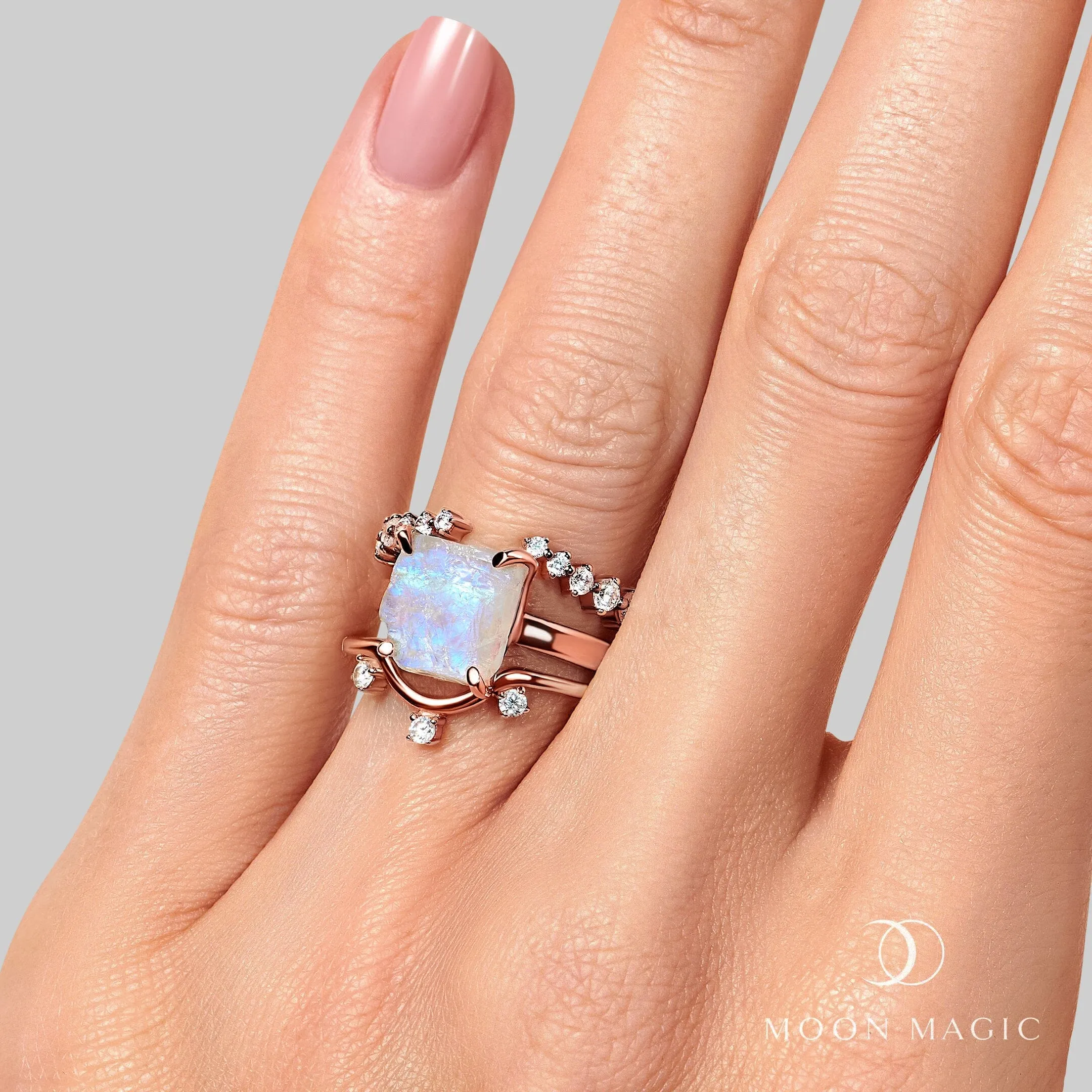 Raw Moonstone Ring & Archer Band & Cascade Band