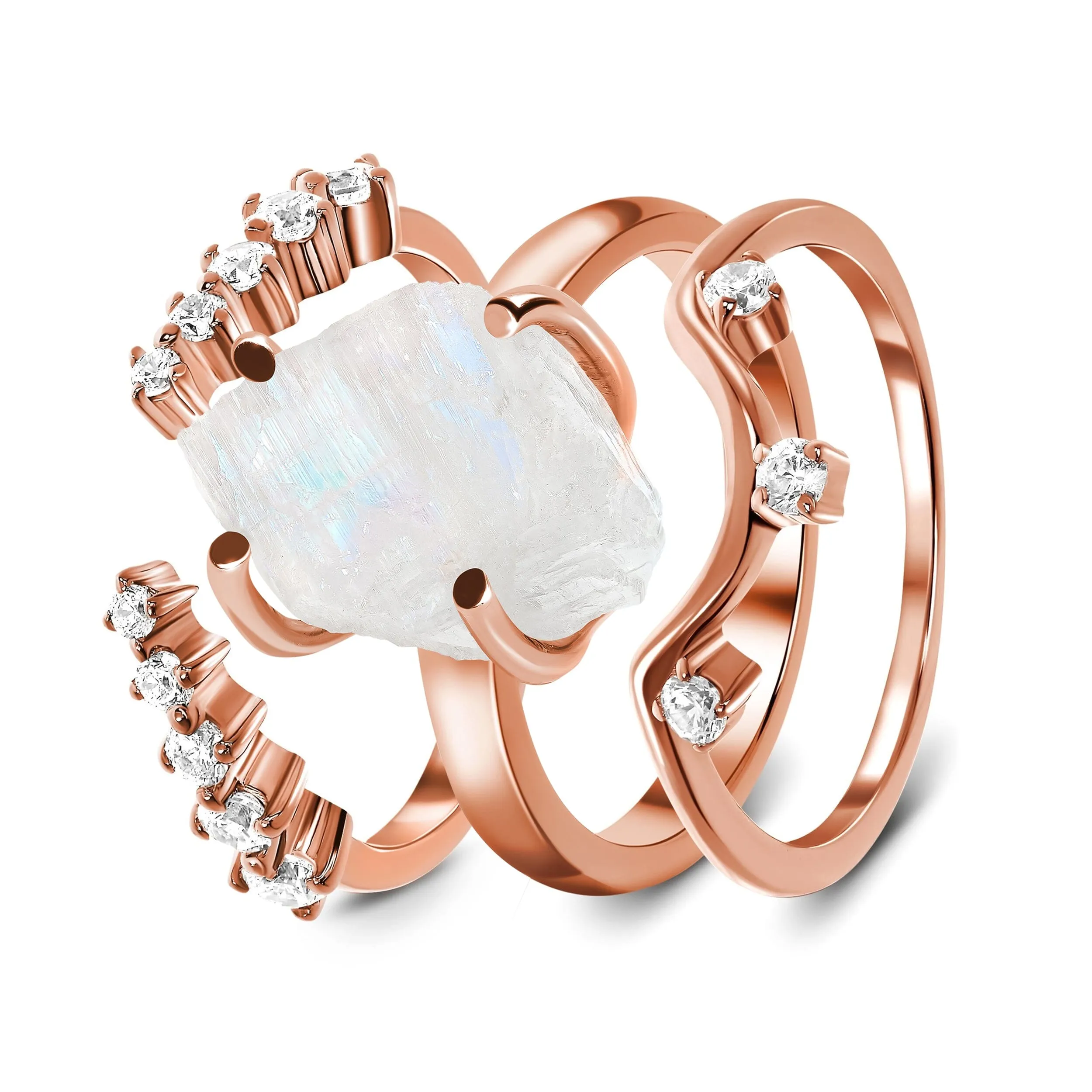 Raw Moonstone Ring & Archer Band & Cascade Band