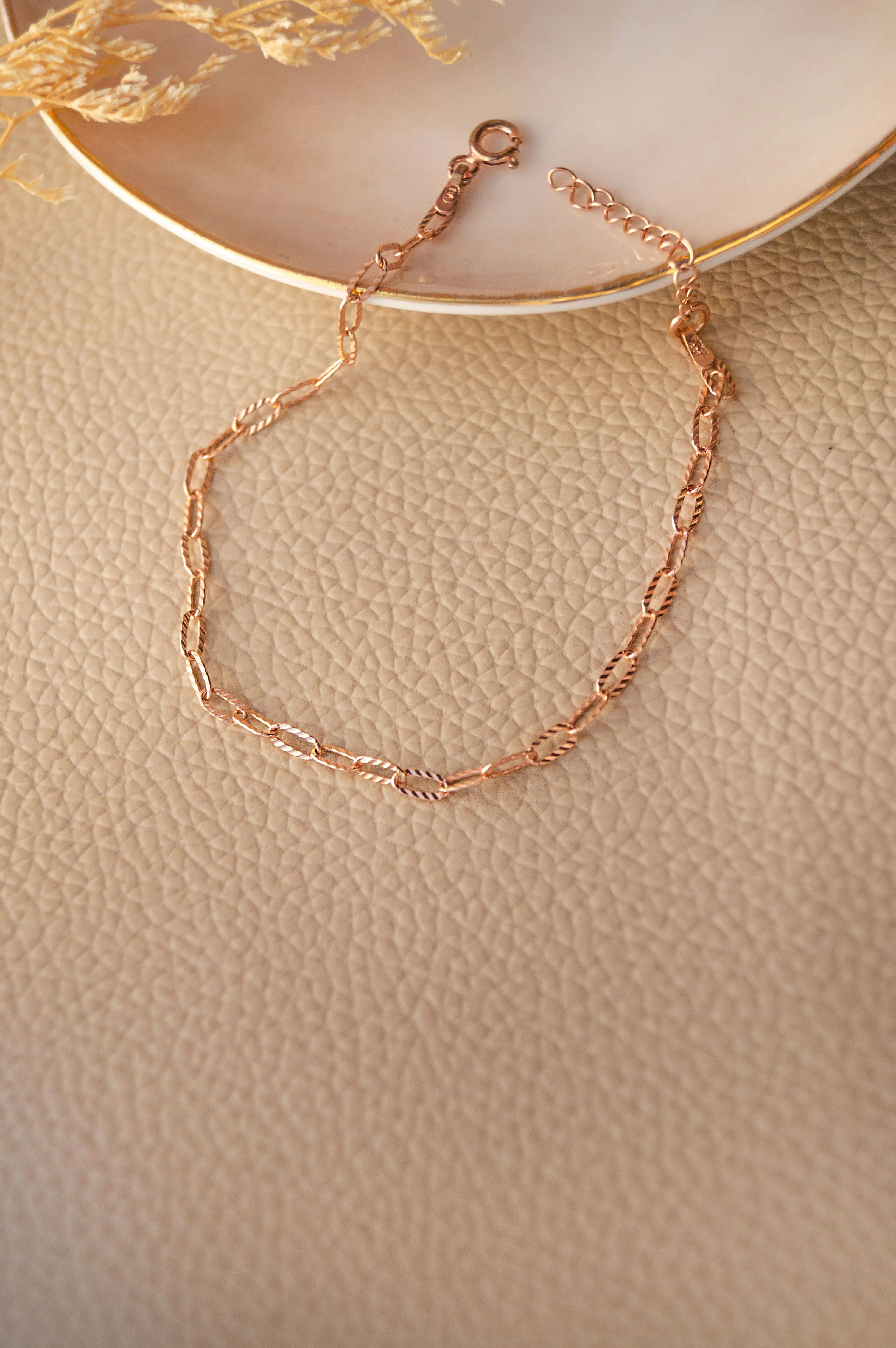 Sparkling Paper Clip Rose Gold Plated Sterling Silver Chain Bracelet