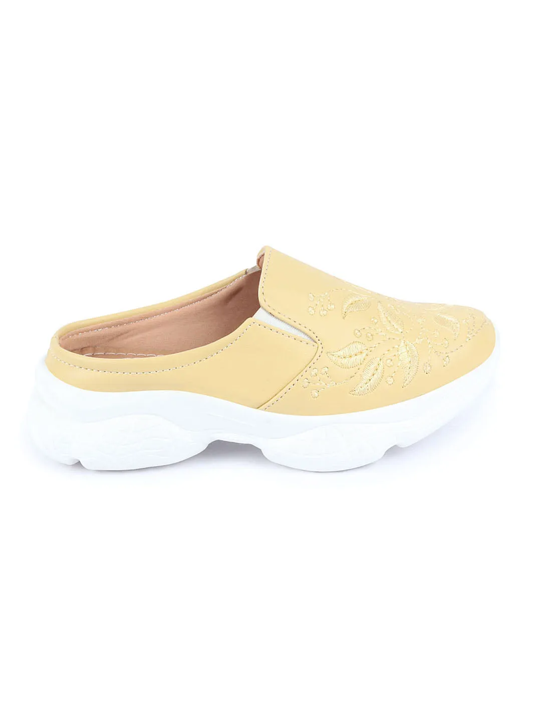 Women Yellow Leaf Print Embroidery Design Back Open Slip On Mules Shoes